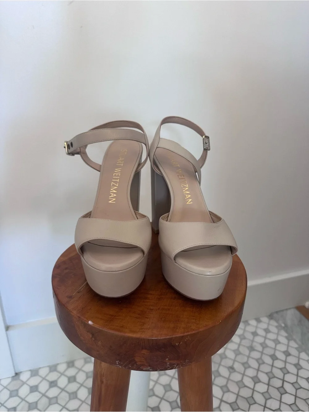 Stuart Weitzman Nude 5” Platform Block Heel Sandals with Gold Buckle
